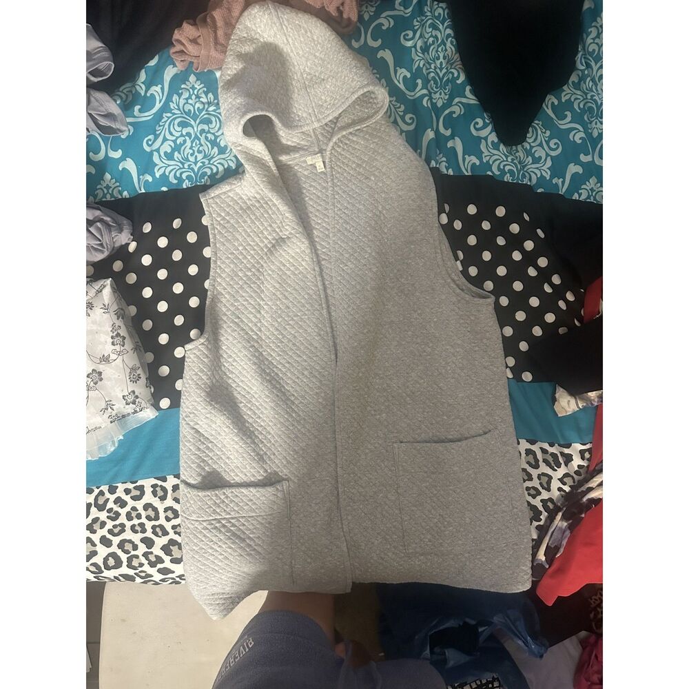 Talbots Gray Quilted Hooded Sweater Vest Attached Hood Cardigan Size XL